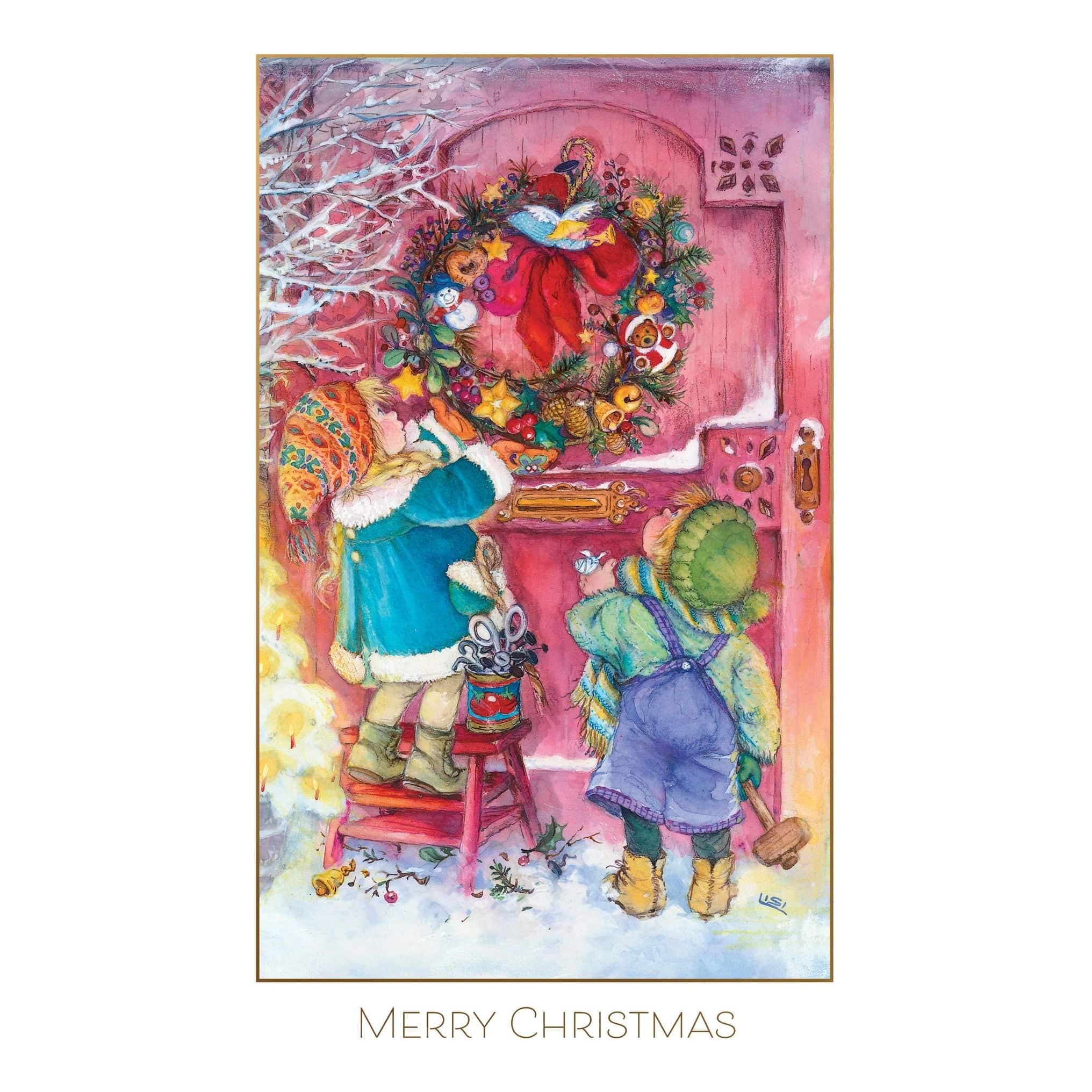 Children decorating a festive Christmas card with colorful markers, celebrating the seasonal activity by Pictura.